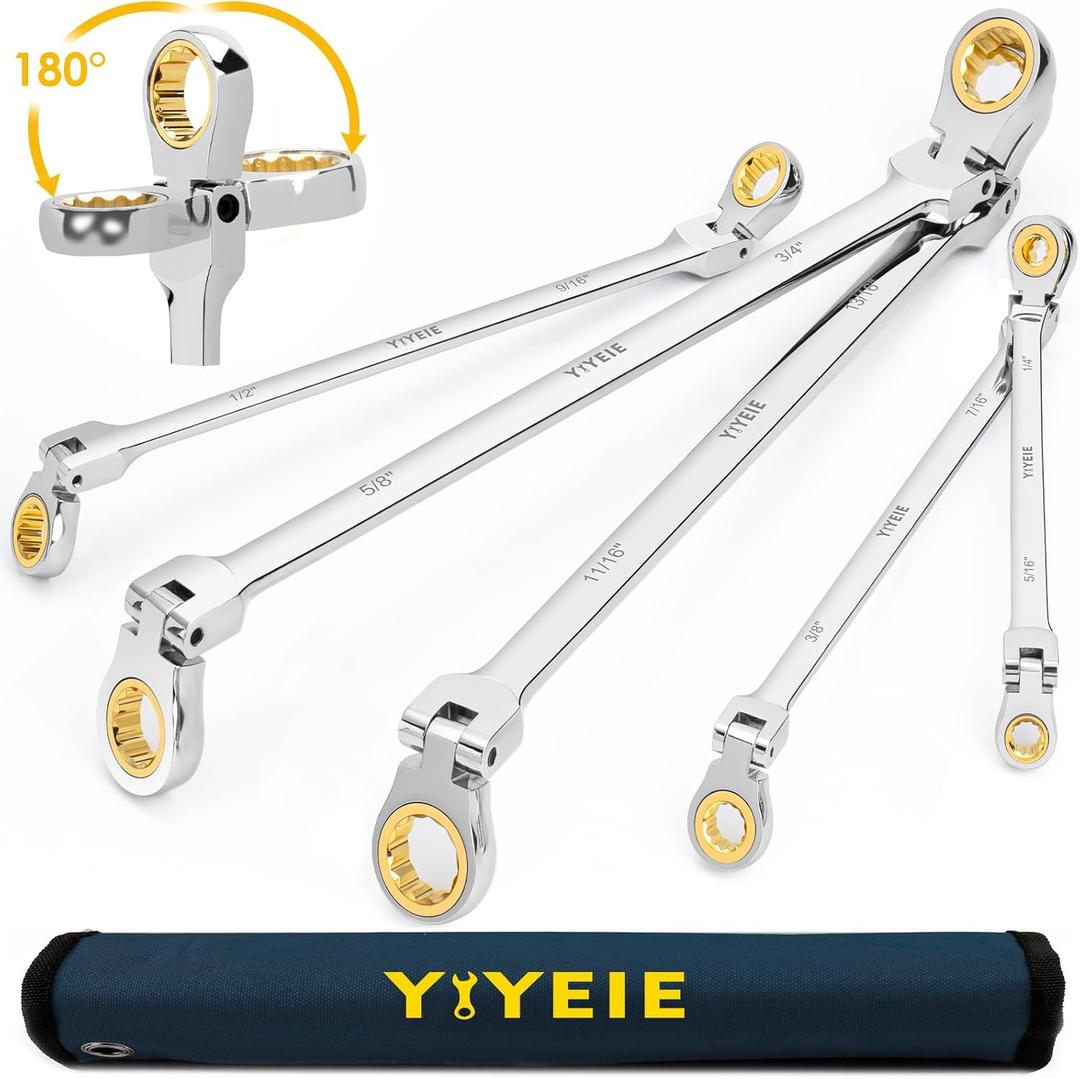 Extra Long Flex-Head Ratcheting Wrench Set, SAE 1/4" to 13/16", 5 Pcs Double Box End Long Handle Ratchet Wrenches, 72-Teeth, CR-V Labor-Saving Aviation Spanner with Pouch, Extra Torque for Tight Bolts