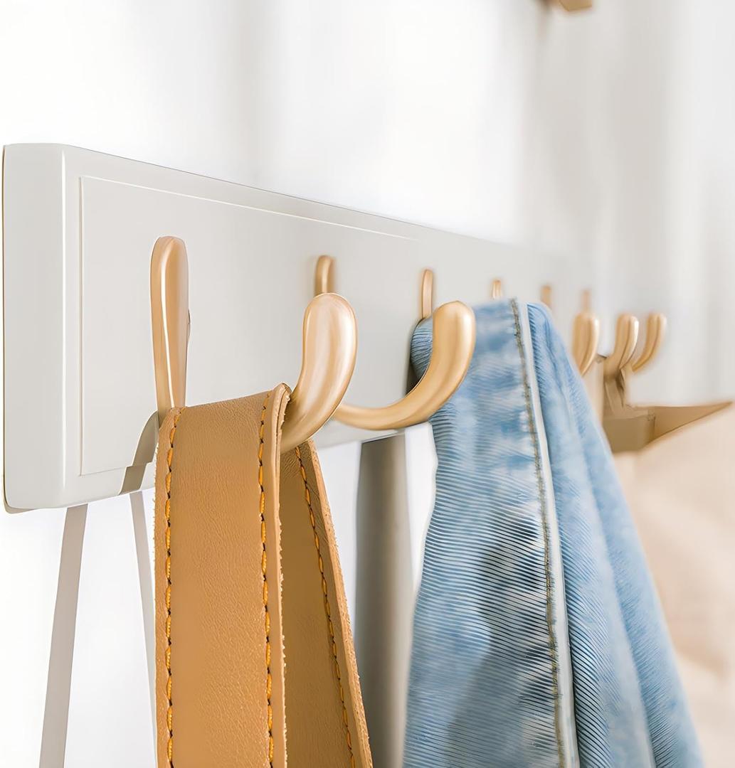 Coat Rack Wall Mount Coat Hanger Wall Heavy Duty with 5 Hooks Rail 100% Natural Bamboo Hook Rack Board Clothes Jacket Hanger Coat Rack for Wall Bedroom Entryway(White)