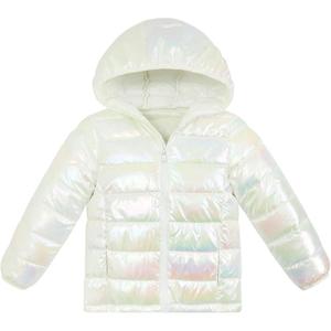 Lovekider Puffer Jacket for Girls Size 8 9 Colorful Down-alternative Coat with Pockets Packable Warm Pink Hooded Outerwear Fashion Holographic Jacket for Kids School and Sports, Zipper Is Missing