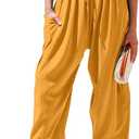 TARSE Womens Linen Wide Leg Pants Casual Loose Drawstring Low Waist Beach Palazzo Harem Pants with Pockets(Yellow, L)