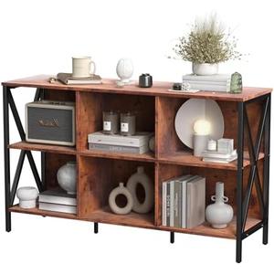 Horizontal Bookshelf Bookcase,Cube Storage Organizer Shelf,Industrial Wide Bookcase with Storage,Low Short Wide Cubby Shelves,Rustic Farmhouse Shelf for Office Bedroom Living Room,47 in(Brown,6 Cube)