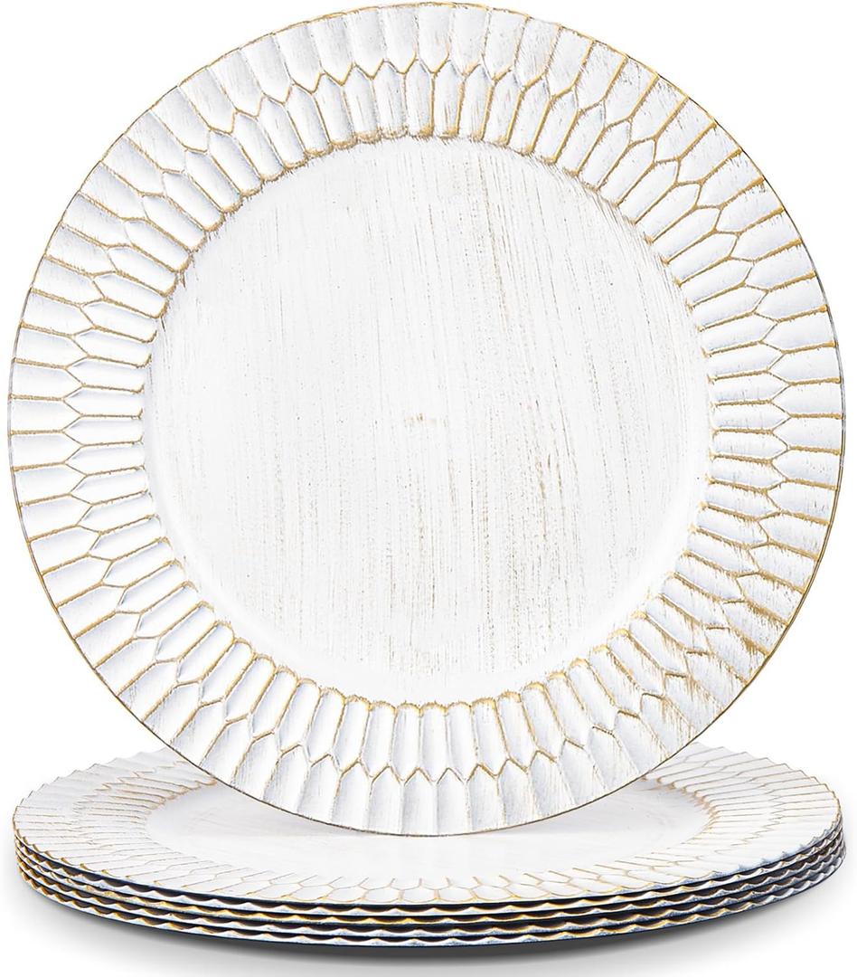 13" White Chargers for Dinner Plates, Decorative Charger Plates, Plastic Charger & Service Plate 6 Pack Table Setting Bulk Wedding, Thanksgiving, Festival
