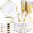 Nervure 350PCS Gold Plastic Plates - Gold Plastic Dinnerware Sets for 50 Guests - 100 Disposable Plates, 150 Silverware, 50 Cups, 50 Napkins for Wedding & Party