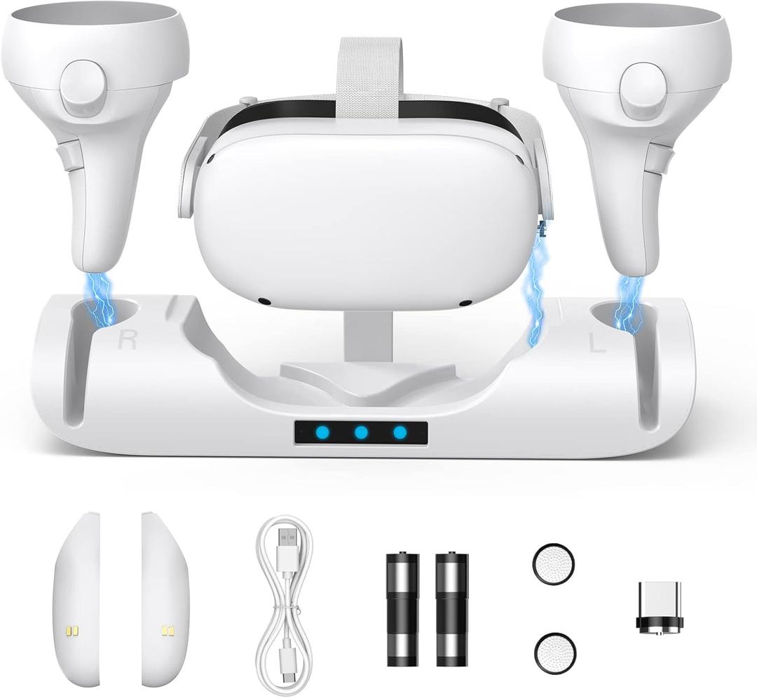 Charging Dock for Oculus Quest 2, Magnetic VR Charger with 2 Rechargeable Batteries for Oculus Quest 2 Accessories, VR Headset & Charger Controller Supports LED Indicator