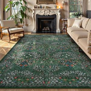 Lahome Floral Dark Green Area Rugs 8x10, Soft 8x10 Washable Rugs for Living Room Bedroom, Boho Non-Slip Forest Large Throw Carpet for Farmhouse Dining Room Office Giverny, Dark Green