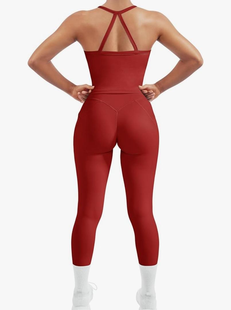 RXRXCOCO Cross Back Workout Set for Women Tank Tops Hidden Scrunch Leggings Gym Set 2 Piece Gym Outfit with Pockets S