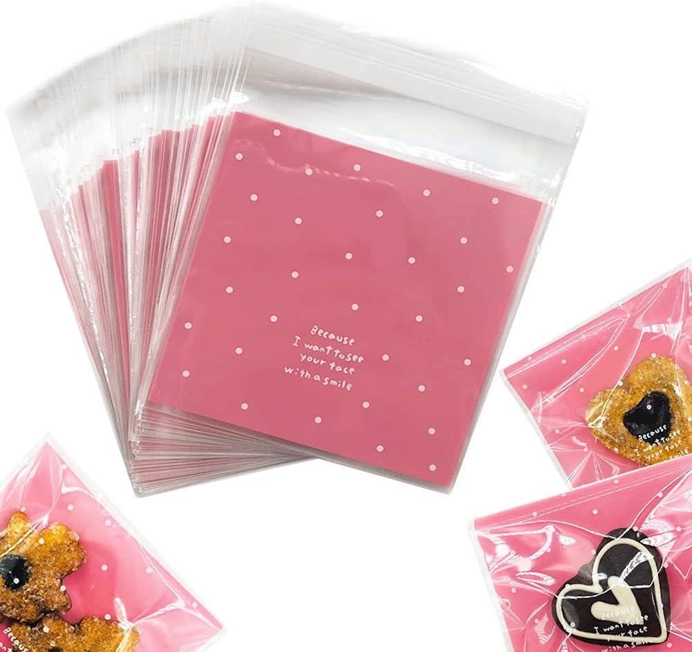 100pcs Pink Self-Adhesive Treat Bags  Small Cellophane Cookie Bags for Candy, Bakery, Party & Wedding Favors (3.94 x 3.94)