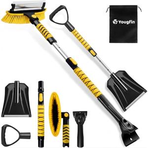 Yougfin Snow Brush with Ice Scraper 33 inch, 4 in 1 Extendable Snow Removal for Cars with Foam Grip and 360° Pivoting Brush Head, Heavy Duty Snow Cleaner for Auto Truck SUV (YELLOW)