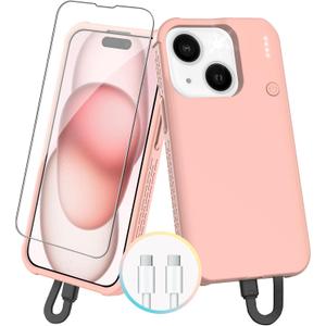 GIN FOXI Fast Charging Battery Case for iPhone 15/15 Pro, 7000mAh 15W Ultra Slim Charger Case Rechargeable Portable Extended Power Bank Case Cover Battery Pack Built-in Cable, Pink (6.1)