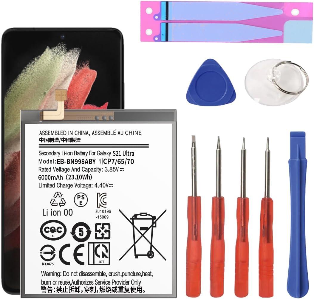 Battery for Samsung Galaxy S21 Ultra, [6000mAh] Upgraded 2024 New 0 Cycle EB-BG998ABY Battery Replacement for Samsung Galaxy S21 Ultra 5G SM-G998B/DS SM-G998U with Replacement Tool Kits