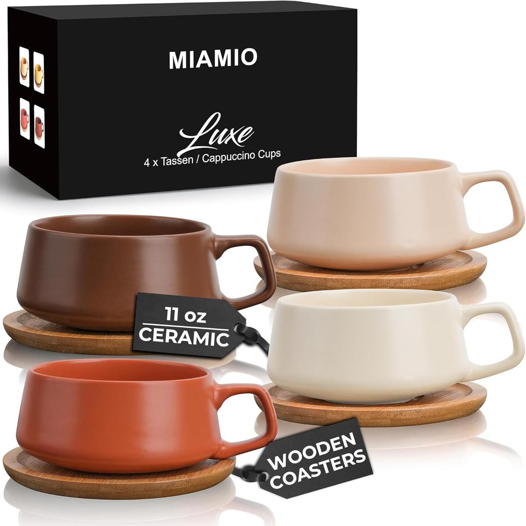 MIAMIO  11 Oz., Set of 4 Ceramic Tea Cup and Saucer Bamboo/Tea Mug - Wide Cappuccino Cup, Coffee Cups Ceramic Mug for Cappuccino, Latte, Espresso & Americano - Luxe Collection (Beige Pastel)