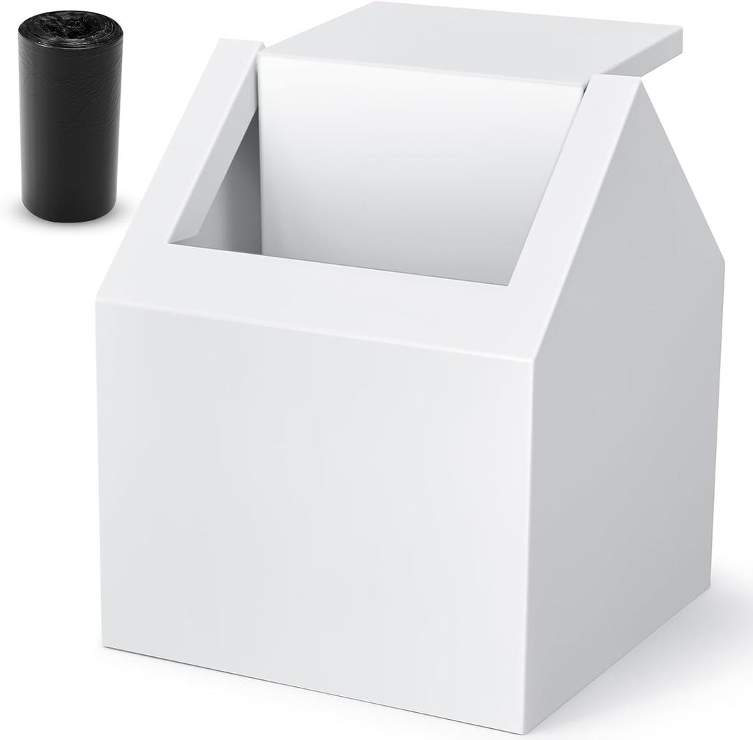 Double Entry Sanitary Napkin Receptacle Swing Top Floor Receptacle Tampon Disposal Bin with 100 Black Disposal Liner Bags, Feminine Waste Tampon Holder Bathroom Hygiene Container, White, Metal