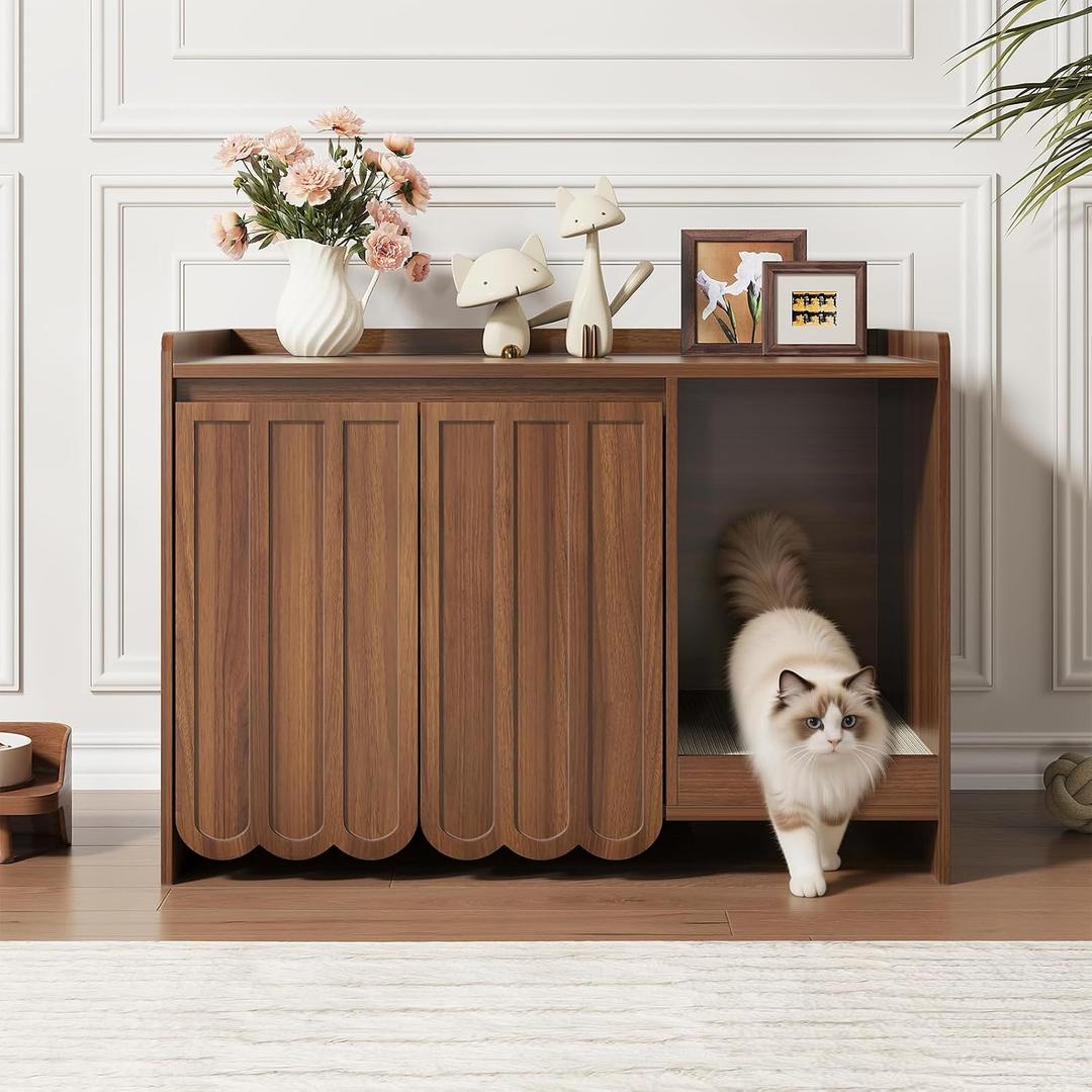 Cat Litter Box Enclosure with Scratch Pad, Hidden Litter Box with Soft-Close Hinges, Modern Fluted Cat Litter Box Furniture, Dog Proof Litter Box Cabinet, Side Table, Walnut, 41.3"L x 27.6"W x 37.8"H
