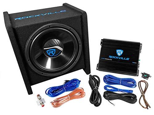 Rockville RV12.1C 600w 12" Loaded Car Subwoofer Enclosure+Mono Amplifier+Amp Kit,Black