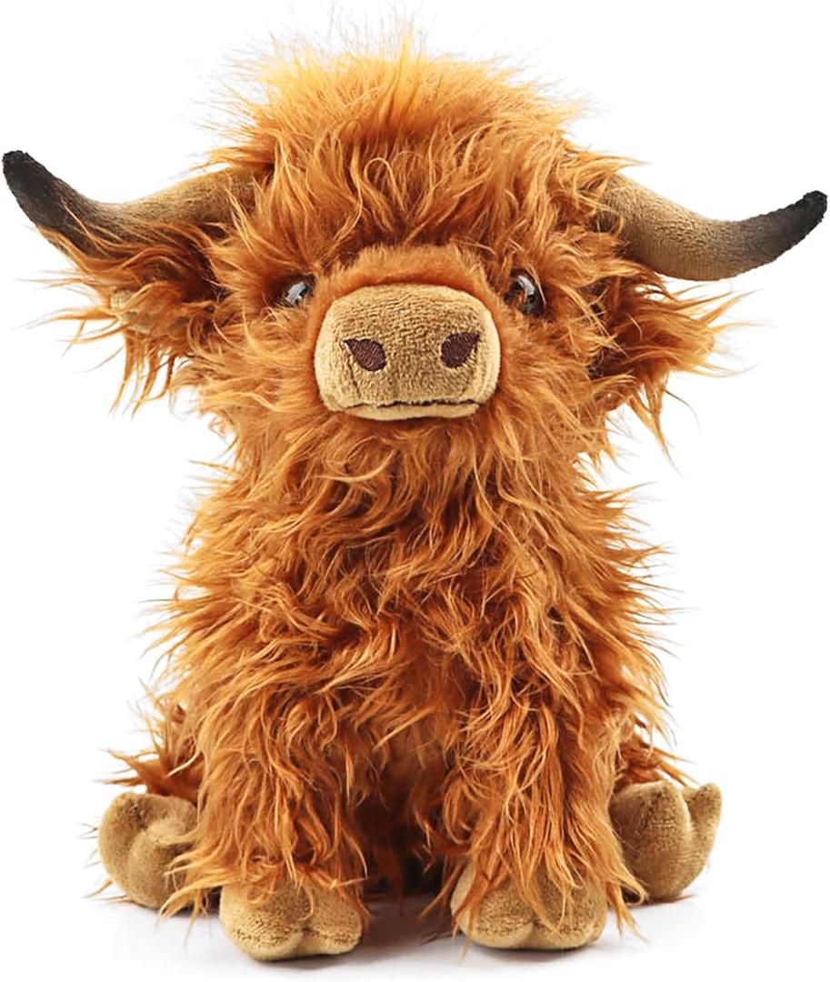 Highland Cow Stuffed Animal Realistic Scottish Cow Plush Toy Soft Farm Animal Cattle Plushie Doll Present for Adults Kids Boys Girls (Brown Cow, 10.8 Inch)
