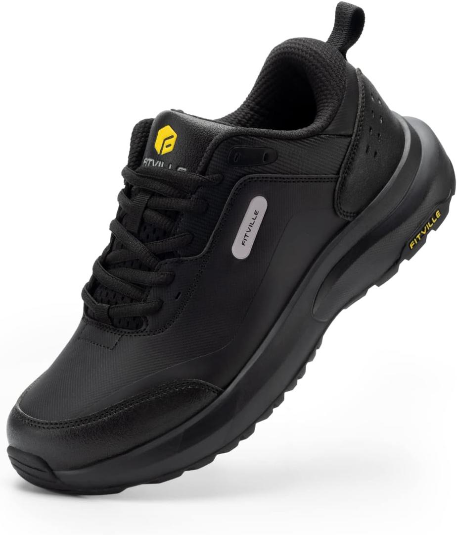 FitVille Wide Waterproof Shoes for Men, Non Slip Outdoor Walking Shoes Low-top Work Shoes Soft Toe with Arch Support for Heel Pain Relief,Long Hikes,Trekking,Trails 9.5W