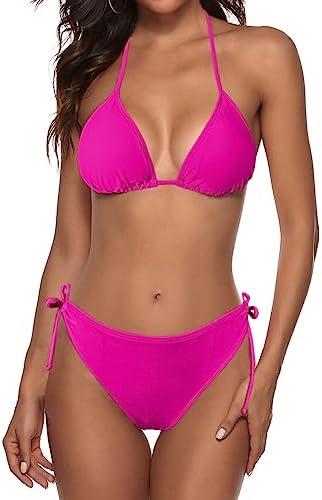 Zonsaoja Women String Bikini Set Halter Side Tie Two Piece Swimsuit Triangle Bathing Suits Rose L