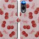 DEENAKIN for Samsung Galaxy S25 Edge Wallet Case with Card Holder + Cash Clip, RFID-Blocking, Military-Grade Drop Protection & UV-Printed Artwork, Magnetic Closure with Kickstand - Sweet Cherry Bow