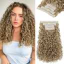 REECHO Curly Hair Extensions - 4PCS 14" GoGo Curly Clip in Hair Extensions 100% Super Protein Hairpieces with Invisible Lace Weft Silky Soft Natural Look for Women - Honey Blonde with Highlights