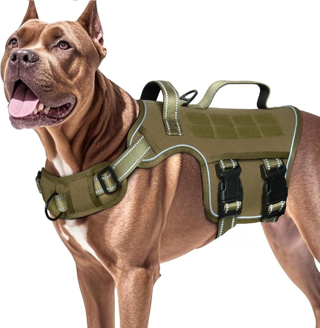 Dog Harness for Large Dogs Heavy Duty, No Pull Tactical Dog Harness with Molle System, Easy On and Off Service Dog Vest, Breathable Padded, Adjustable Reflective Pet Vest for Walking Hiking Training (XL(Neck:21-32",Chest:26-39"),75-135 lbs, Khaki)