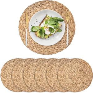 6 Pack Woven Placemats, Round Wicker Placemats, Rattan Place mats, Natural Hand-Woven Water Hyacinth Table Mats, Braided Straw Table Mats for Dining Table (11.8 inch)