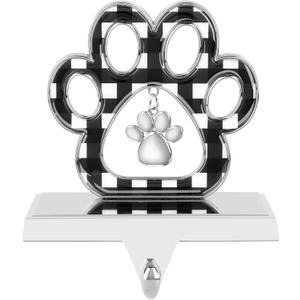 Dog Paw Christmas Stocking Holder, 3D Silver Metal Stocking Holder with Pendant Black Buffalo Plaid Pet Stocking Hangers for Mantle Fireplace Table Christmas Decoration (Black and White)