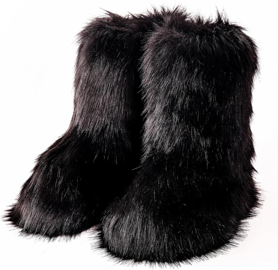 Valpeak Snow Boots for Women 2024 Furry Boots Winter Knee High Flat Heel Fluffy Faux Fur Boots (9 Wide, Black)