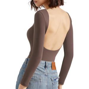 SUUKSESS Women Backless Y2k Long Sleeve Bodysuit Double Lined Open Back Sexy Basic Top (Small, Mocha)