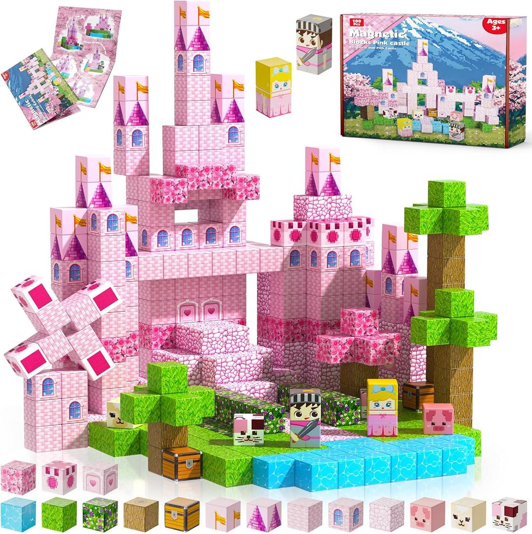 Annexfun Magnetic Blocks-100PCS Magnetic Building Blocks, Princess Castle Building Set, STEM Learning Toys for Kids Ages 3-8