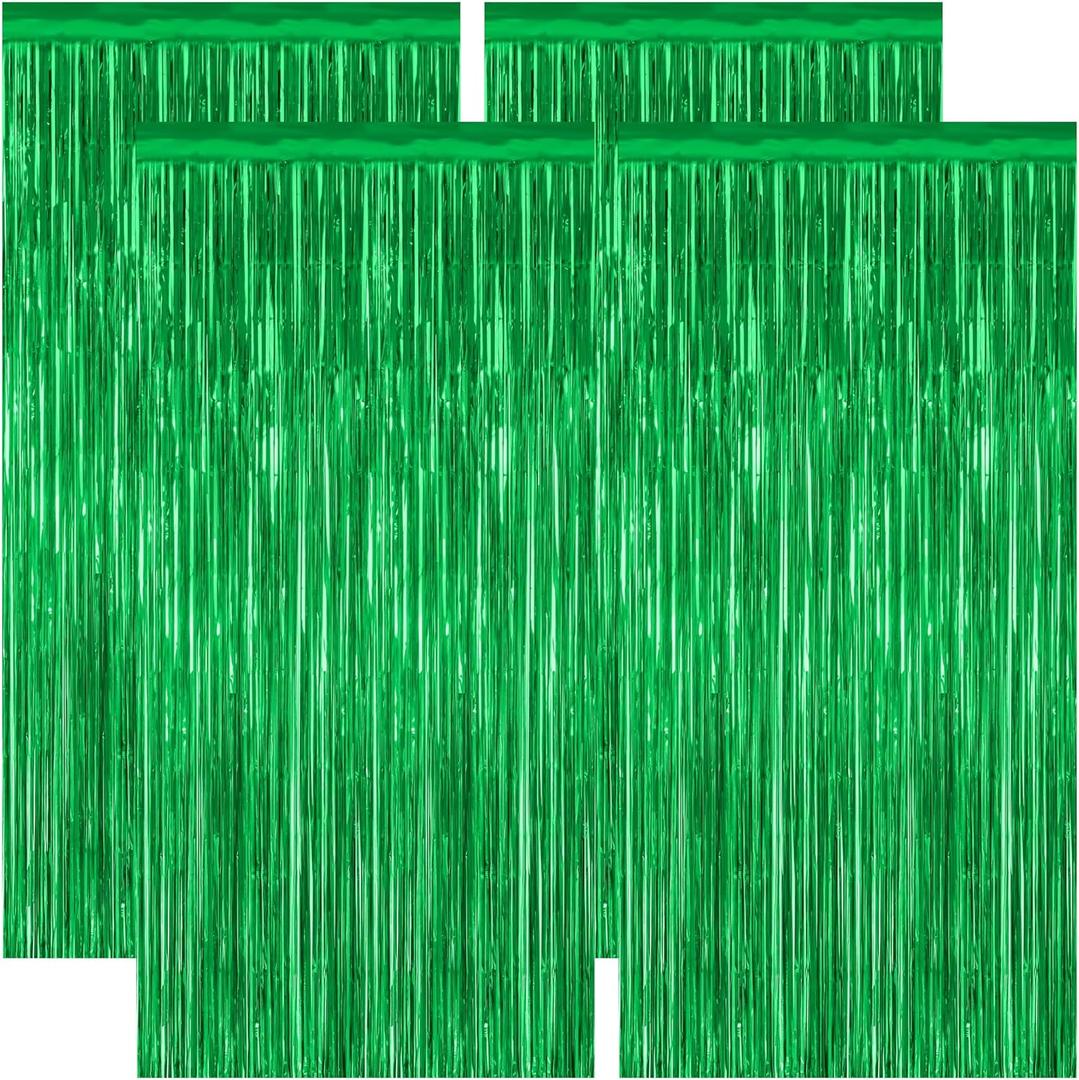 4 Pack Green Streamers, 3.28 FT x 7.05 FT Birthday Tinsel Backdrop, Metallic Foil Fringe Curtains Photo Booth Backdrop, Green Jungle Theme Decorations Birthday Decor