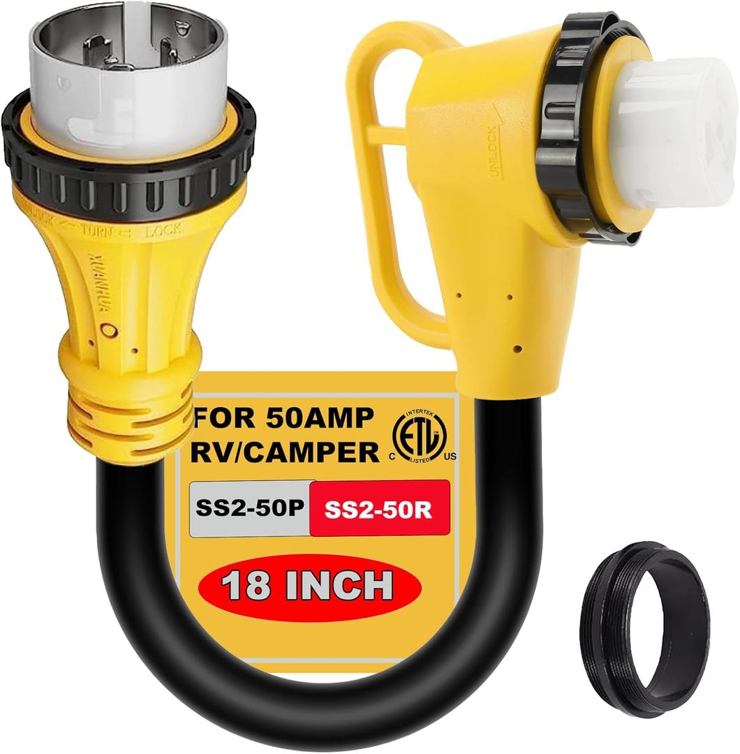 RV 50 Amp Twist Lock Plug Male to 50 Amp Locking 90 Degree Female RV Adapter for 50 Amp RV Extension Cord, 50 Amp Dogbone RV Connector for Pressure Relief, ETL Listed