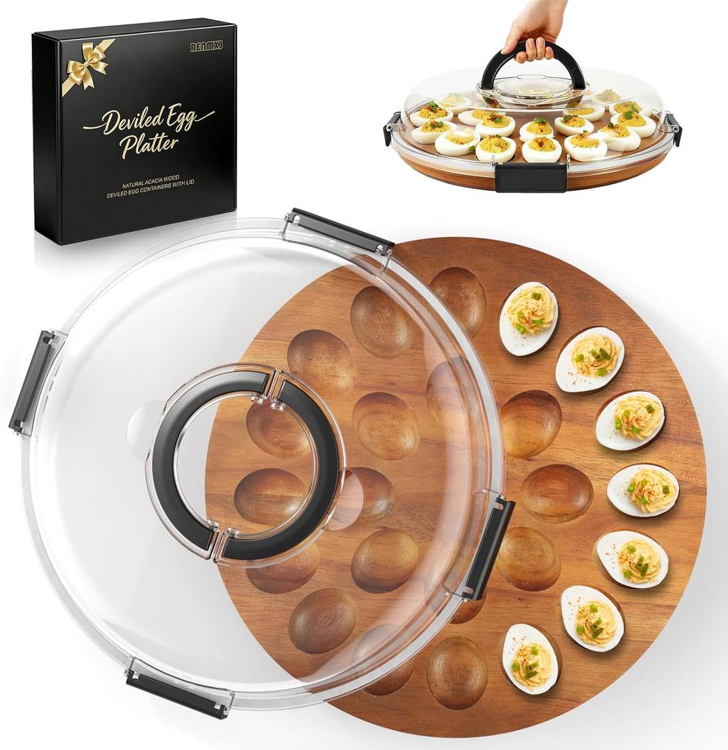 Deviled Egg Containers with Lid, Easter Gifts Set (24 Eggs), 2026 Upgraded Acacia Wooden Deviled Egg Tray Platter for Party and Home Kitchen, The Lid is Dishwasher Safe (Black)