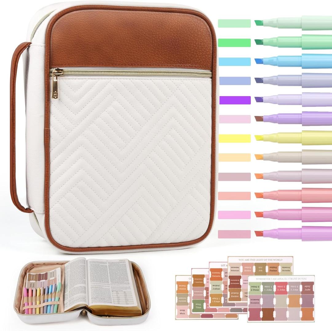 Quilted Vegan Leather Bible Cover, Color-Blocked Bible Cover Case for Women, Bible Carrying Case with Handle, Bible Study Supplies & Christian Gift for Women and Girls (White & Brown, TS/S)
