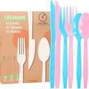 FULJOOY 180Pcs Pink Blue Baby Blue Light Pink Plastic Silverware Heavy Duty Disposable Flatware Cutlery Set Includes Forks Spoons Knives for Baby Shower Gender Reveal Birthday Party Tea Party