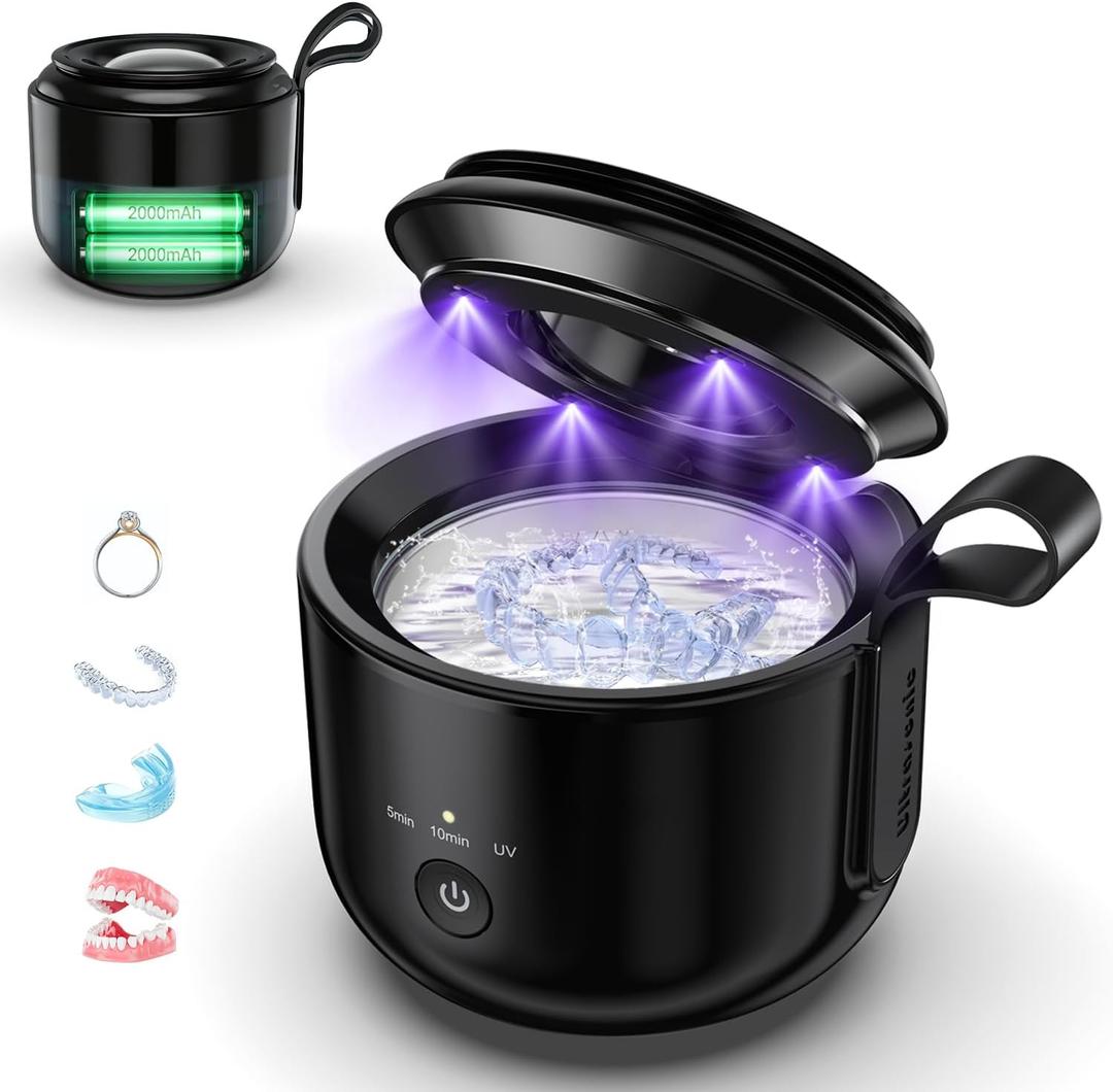 Cordless Ultrasonic Teether Cleaner 48KHZ, Ultrasonic Denture Cleaner 125ml with UV Light for Toothbrush Heads, Jewelry, 3 Models, Portable Design.