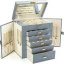 KAMIER Jewelry Box for Women, 6-Layer Large Jewelry Organizer Box with Mirror & 5 Drawers for Rings, Earrings, Necklaces, Bracelets,Bluish Grey