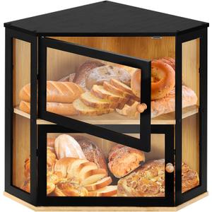Black Corner Bread Box for Kitchen Countertop, 2 Tier Bamboo Storage Breadbox, Large Modern Bread Container for Homemade Bread with Clear Acrylic Door Panel, Counter Wooden Bread Bin