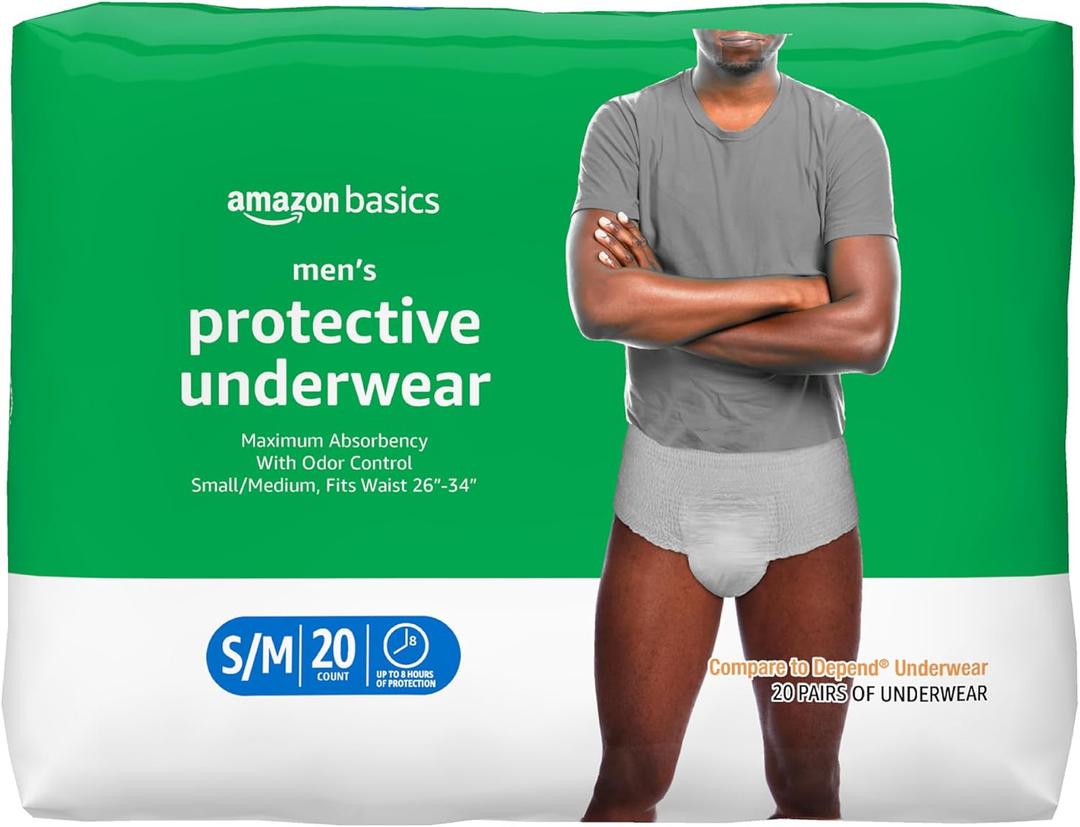 Amazon Basics Incontinence Underwear for Men, Maximum Absorbency, Small/Medium, 20 Count (1 Pack)