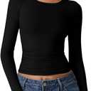 QINSEN Womens Crewneck Long Sleeve Shirt Double Lined Basic Tees Side Ruched Going Out Crop Tops (Small, Black)