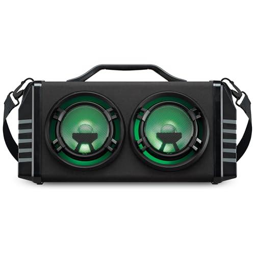 iLive Electronics IBB503GEO Portable Bluetooth Boombox with FM Radio and 2 Microphone Inputs, Color Changing LED Lights, Carry Strap, Black with Geometric Pattern