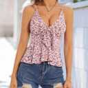 HUHOT Women's Floral Ruffle Top Tie Front Sleeveless V Neck Adjustable Spaghetti Strap Cami (XL)
