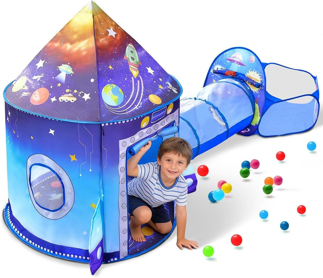 3 in 1 Rocket Ship Play Tent with Tunnel Ball Pit for Kids Space Themed Pop Up Playhouse Indoor Outdoor Astronaut Tent Set Toy Gift for Boys Girls Toddler Baby Child Games Birthday Party