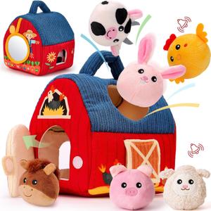 hahaland Baby Toys 6-12 Months - Surprise Barn Stuffed Farm Animals, Rattle, Crinkle, Mirror, Montessori Toys for 6 Month Old Sensory Balls 1-3, Baby Boy Gifts, Farm Plush Toys for Babies Travel Toy, Small