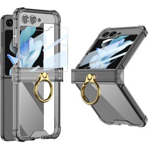 for Samsung Galaxy Z Flip 5 Case Hinge Protection Luxury Soft Transparent with Ring Holder Built-in Screen Protector All-Inclusive Shockproof Cover (Black)