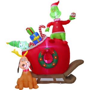 6 FT Christmas Inflatable Outdoor Decorations - Green Monster and Dog Max on Sleigh with LED Lights Blow Up Yard Decorations Lawn Garden Xmas Inflatable Decor