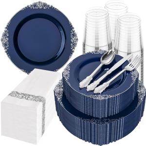 Hioasis 350pcs Blue and Silver Plastic Plates - Elegant Disposable Dinnerware Set Suitable for 50 Guests Include 10.25" Dinner & 7.5" Dessert Plates, Cutlery, Napkins, Cups for Party