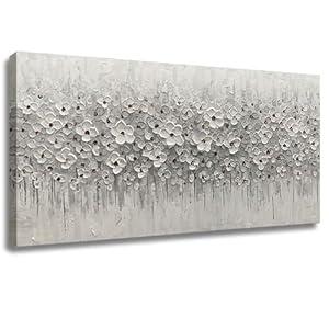 Large Canvas Wall Art for Living Room White Flowers Picture Hand-Painted Oil Painting Framed Artwork Modern Gallery Plant Decor Wall Decorations for Bedroom Bathroom Size 60x30 inch Ready to Hang