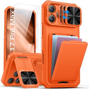 Holder & Camera Stand & Kickstand & Slide Camera Lens Cover & Wallet, Military-Grade Heavy Duty Phone Case Cover for iPhone 17 Pro Max 6.9'', Orange