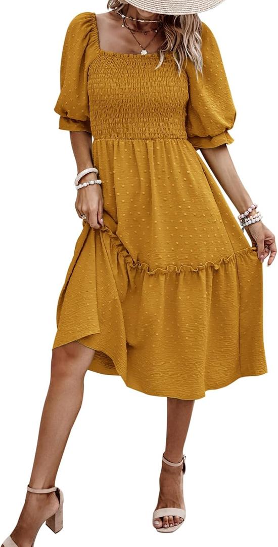 PRETTYGARDEN Women's Summer Casual Dresses 2026 Spring Puff Sleeve Square Neck A Line Flowy Boho Floral Smocked Midi Dress (Medium, Turmeric)