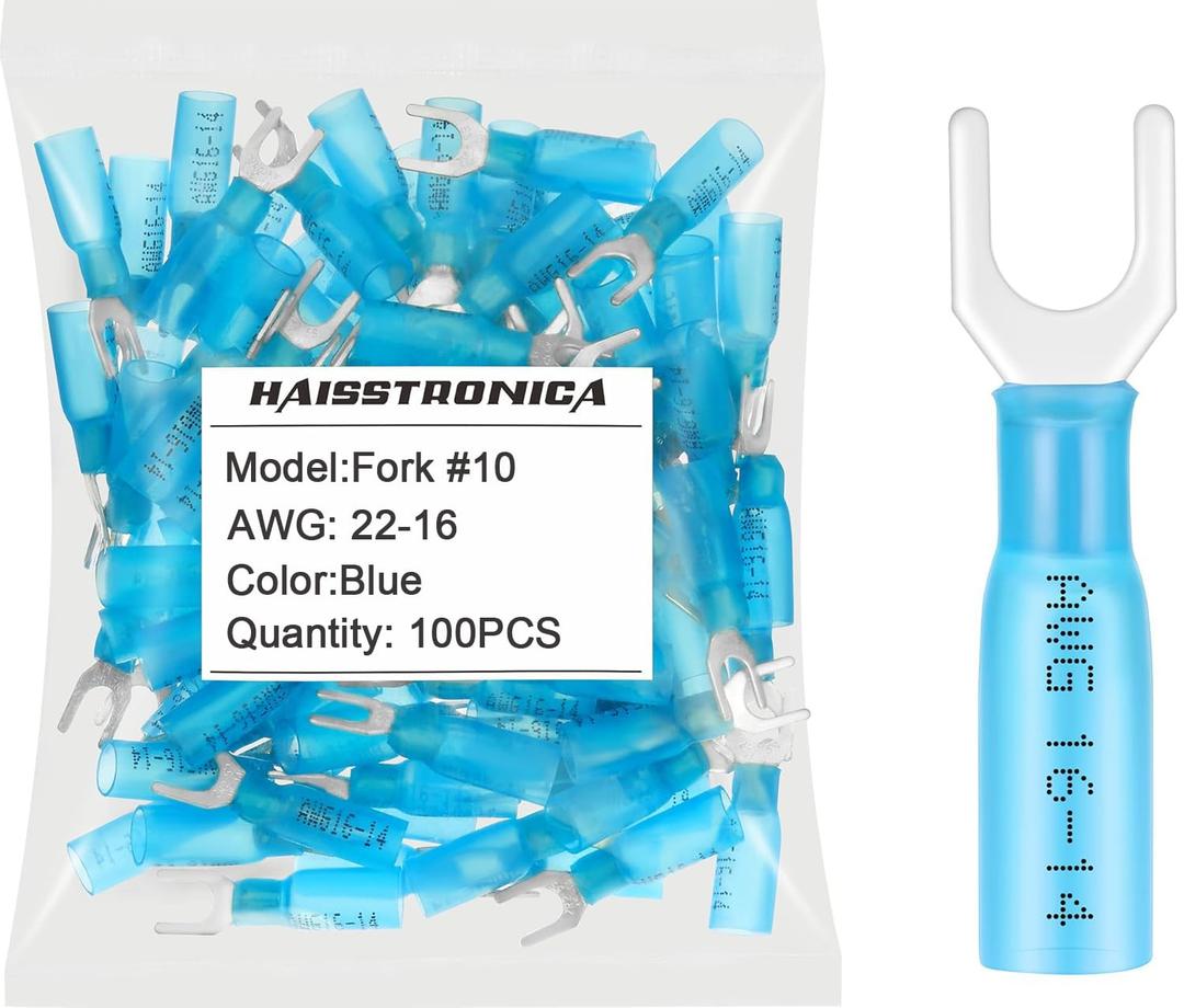 Haisstronica 100pcs #10 Blue Marine Grade Heat Shrink Fork Connectors,16-14 Gauge Insulated Electrical Crimp Wire Terminals